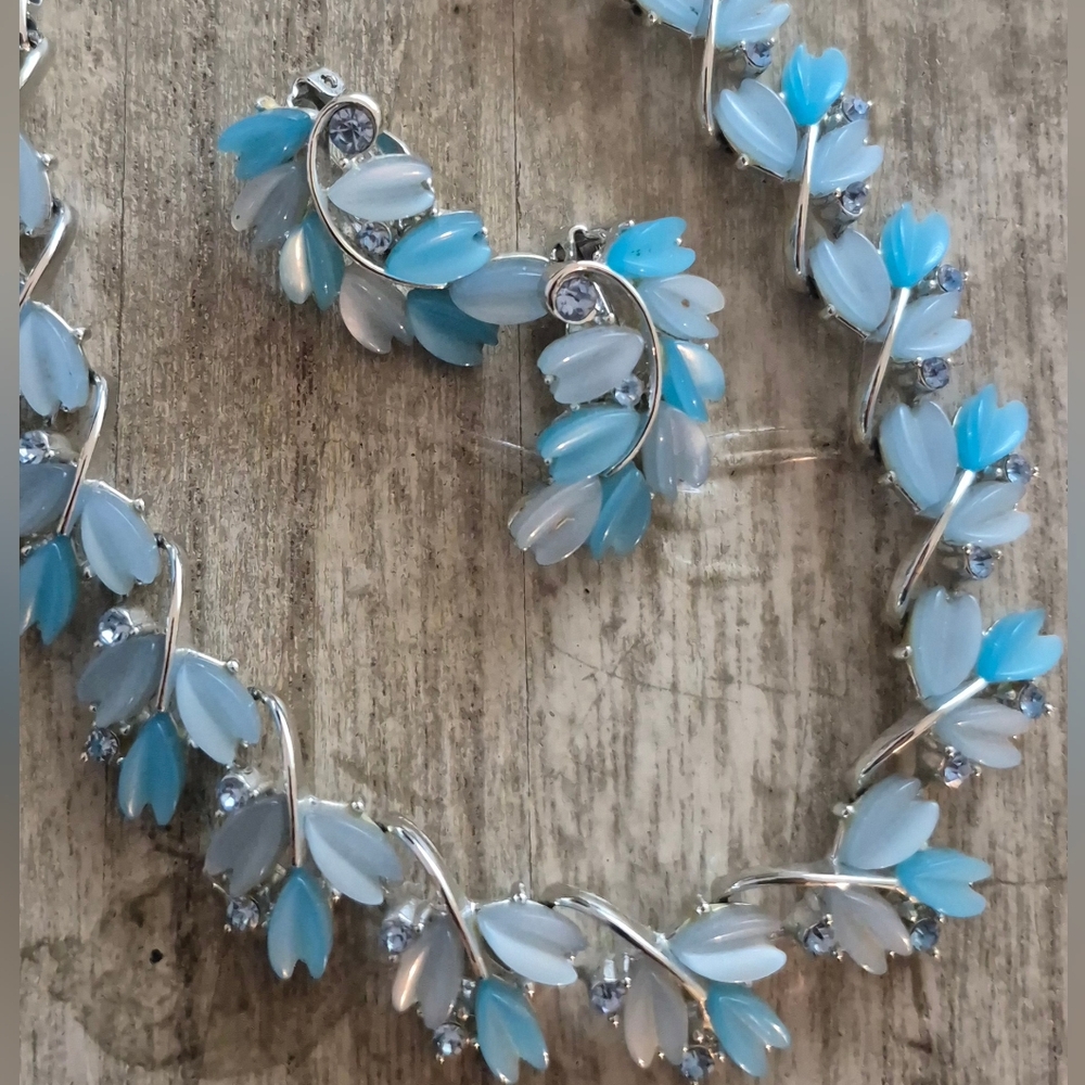 Vintage blue thermostat necklace & clip on earring married jewelry set/ silver